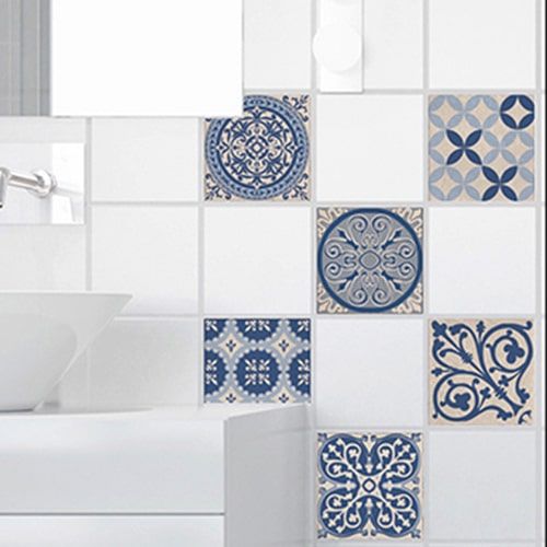 Stickers autocollant pour carrelage blanc Acores bleu et blanc pour décoration de salle de bain moderne