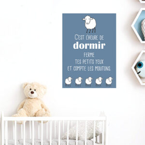 Adhésif "c'est l'heure de dormir" citation bleu pour décoration chambre d'enfant