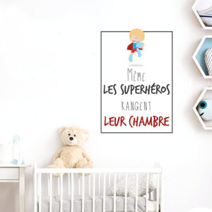 Autocollant décoration pour enfant citation "même les superhéros rangent leur chambre"