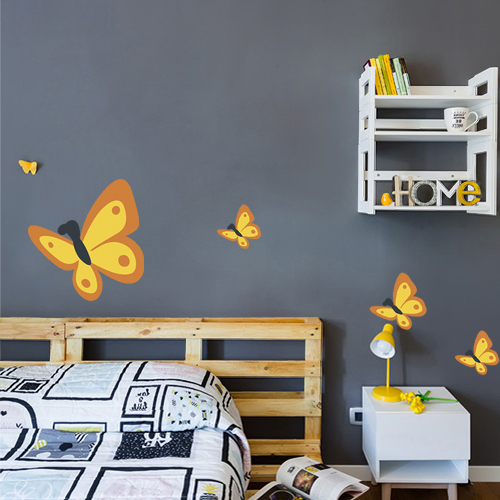 Adhésif décoratif pour mur gris foncé de chambre motif papillon jaune et orange