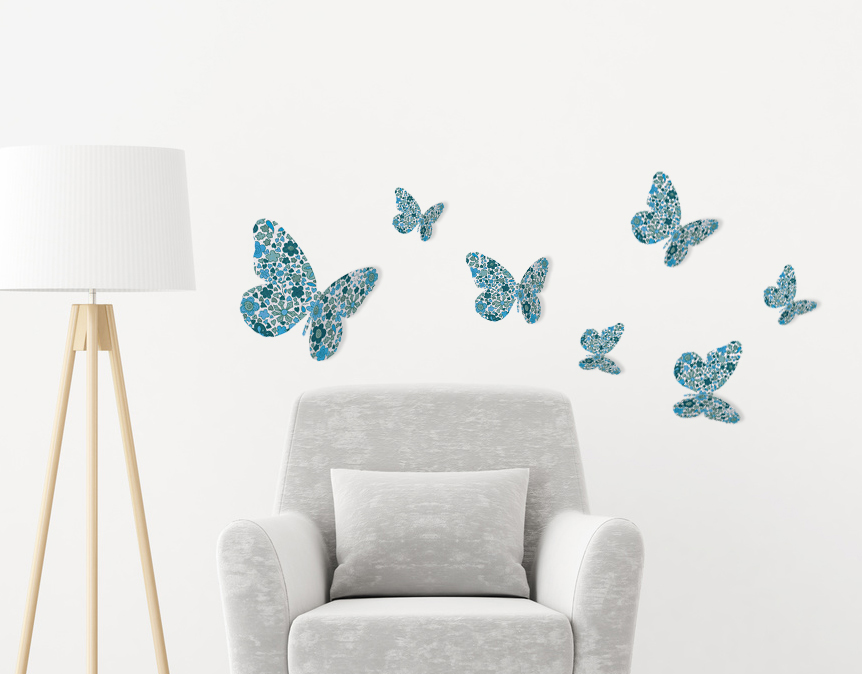 Stickers Papillons 3D motif Liberty Bleu - déco murale en 3D