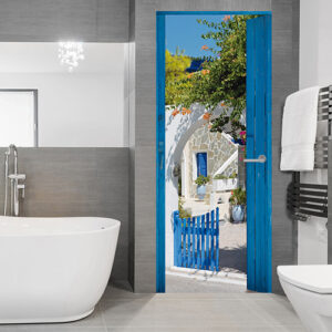 Sticker pour porte "Maison bleue" sur porte de salle de bain moderne grise et blanche
