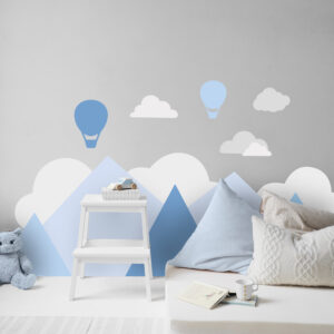 Papier Peint découpé Montagnes et montgolfières bleu pour chambre d'enfant