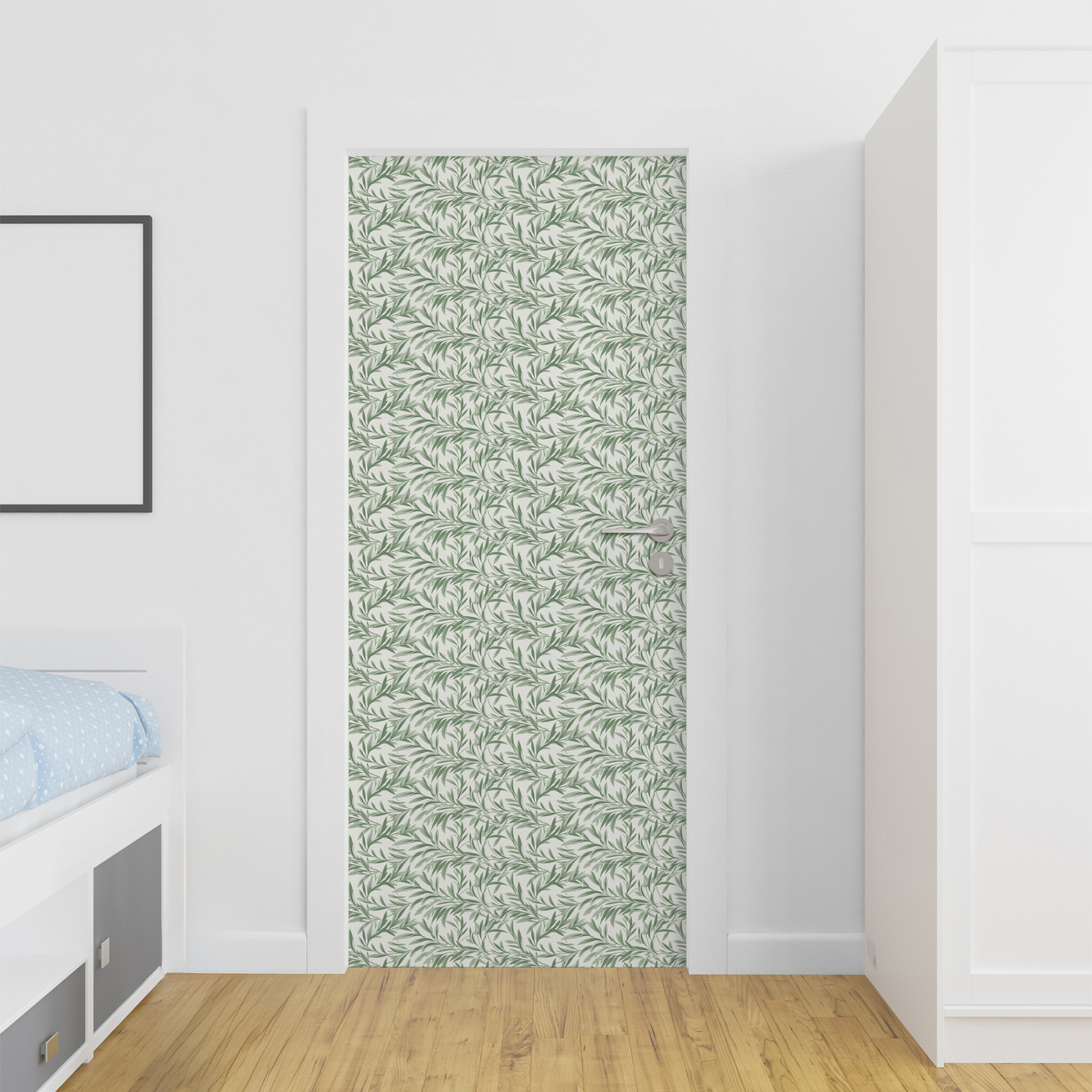 sticker porte inspiration william moris, feuillage vert, petites feuilles